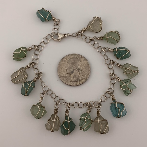 STERLING SEA GLASS BRACELET AQUA LIGHT GREEN 6.5 +1" extender 925 SILVER ARTISAN - Picture 6 of 8